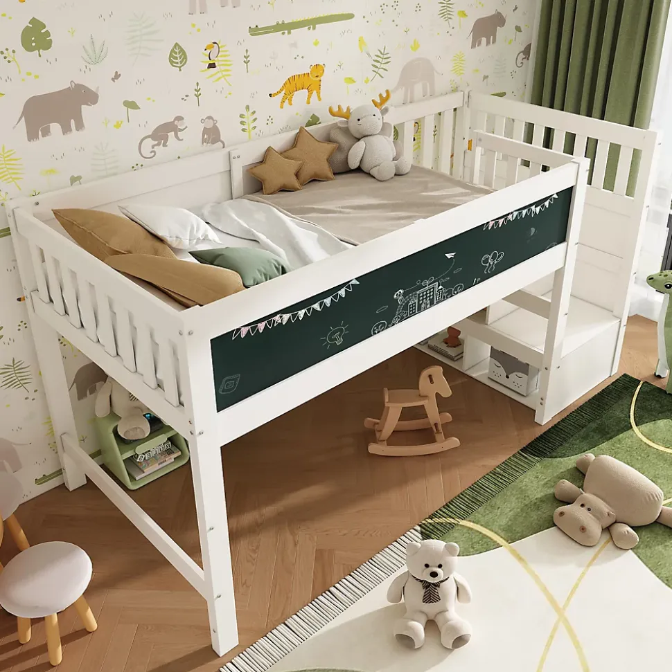 Lit Mezzanine 90x200 cm enfant, Bureau, Rangement, Tiroirs, Protection Anti-Chute, Tableau Blanc/Noir, Bois Blanc, Sans Matelas