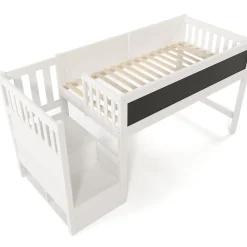 Lit Mezzanine 90x200 cm enfant, Bureau, Rangement, Tiroirs, Protection Anti-Chute, Tableau Blanc/Noir, Bois Blanc, Sans Matelas