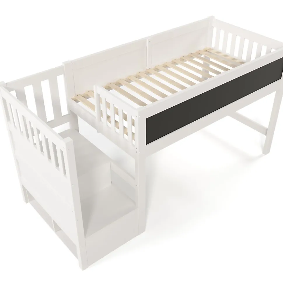 Lit Mezzanine 90x200 cm enfant, Bureau, Rangement, Tiroirs, Protection Anti-Chute, Tableau Blanc/Noir, Bois Blanc, Sans Matelas