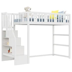 Lit mezzanine 90x200 cm enfant avec escalier intégré, barrières de sécurité, déco lune et étoiles, bois massif blanc sans matelas