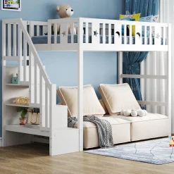 Lit mezzanine 90x200 cm enfant avec escalier intégré, barrières de sécurité, déco lune et étoiles, bois massif blanc sans matelas