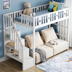 Lit mezzanine 90x200 cm enfant avec escalier intégré, barrières de sécurité, déco lune et étoiles, bois massif blanc sans matelas
