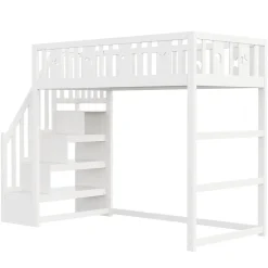 Lit mezzanine 90x200 cm enfant avec escalier intégré, barrières de sécurité, déco lune et étoiles, bois massif blanc sans matelas
