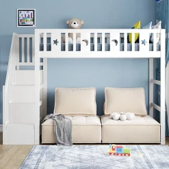 Lit mezzanine 90x200 cm enfant avec escalier intégré, barrières de sécurité, déco lune et étoiles, bois massif blanc sans matelas