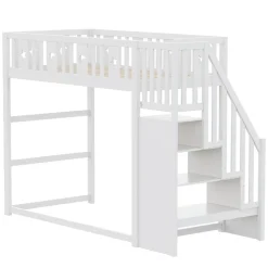 Lit mezzanine 90x200 cm enfant avec escalier intégré, barrières de sécurité, déco lune et étoiles, bois massif blanc sans matelas