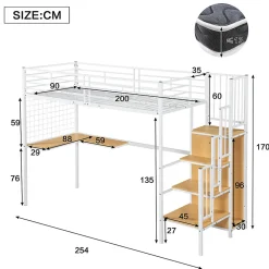 Lit mezzanine 90x200 cm enfant métal avec bureau et armoire intégrée, échelle sécurisée, blanc et naturel sans matelas