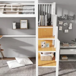 Lit mezzanine 90x200 cm enfant métal avec bureau et armoire intégrée, échelle sécurisée, blanc et naturel sans matelas