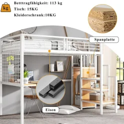 Lit mezzanine 90x200 cm enfant métal avec bureau et armoire intégrée, échelle sécurisée, blanc et naturel sans matelas