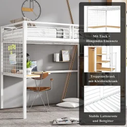 Lit mezzanine 90x200 cm enfant métal avec bureau et armoire intégrée, échelle sécurisée, blanc et naturel sans matelas