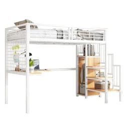 Lit mezzanine 90x200 cm enfant métal avec bureau et armoire intégrée, échelle sécurisée, blanc et naturel sans matelas