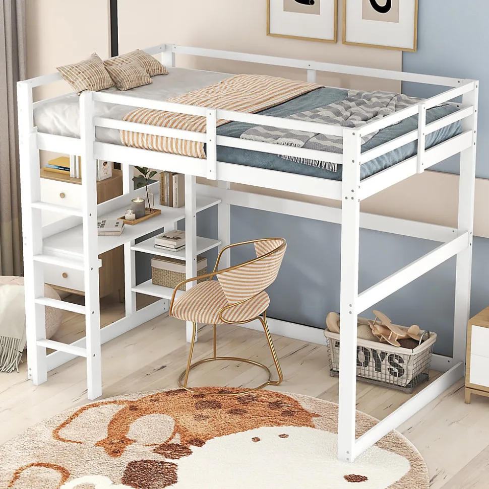 Lit mezzanine 140x200 cm enfant avec bureau et 4 compartiments de rangement, lit combiné bois naturel blanc sans matelas