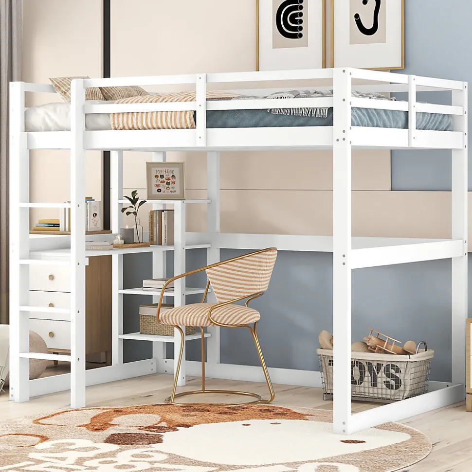 Lit mezzanine 140x200 cm enfant avec bureau et 4 compartiments de rangement, lit combiné bois naturel blanc sans matelas