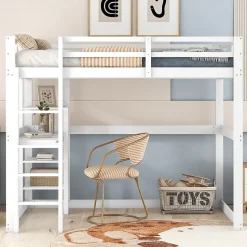 Lit mezzanine 140x200 cm enfant avec bureau et 4 compartiments de rangement, lit combiné bois naturel blanc sans matelas