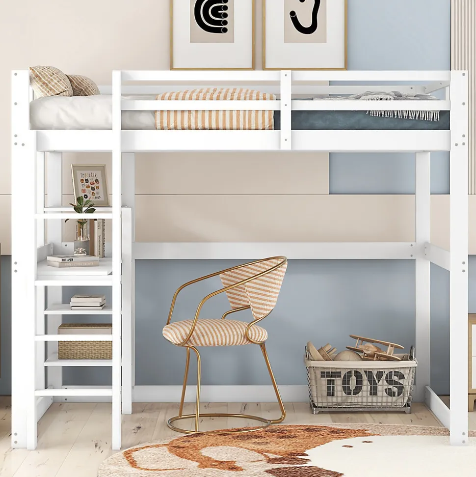 Lit mezzanine 140x200 cm enfant avec bureau et 4 compartiments de rangement, lit combiné bois naturel blanc sans matelas