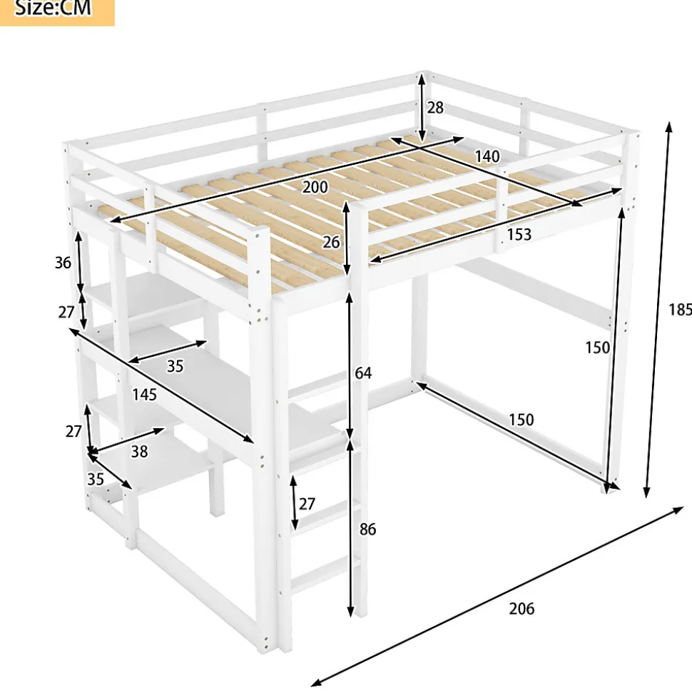 Lit mezzanine 140x200 cm enfant avec bureau et 4 compartiments de rangement, lit combiné bois naturel blanc sans matelas