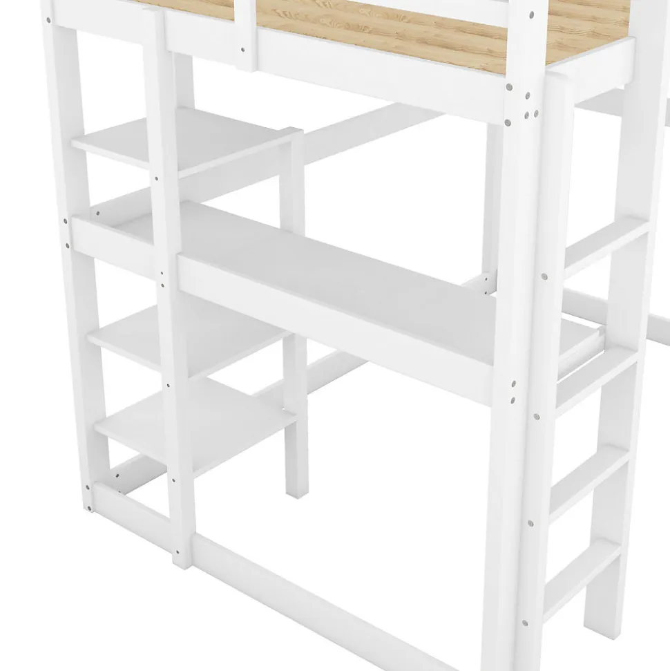 Lit mezzanine 140x200 cm enfant avec bureau et 4 compartiments de rangement, lit combiné bois naturel blanc sans matelas