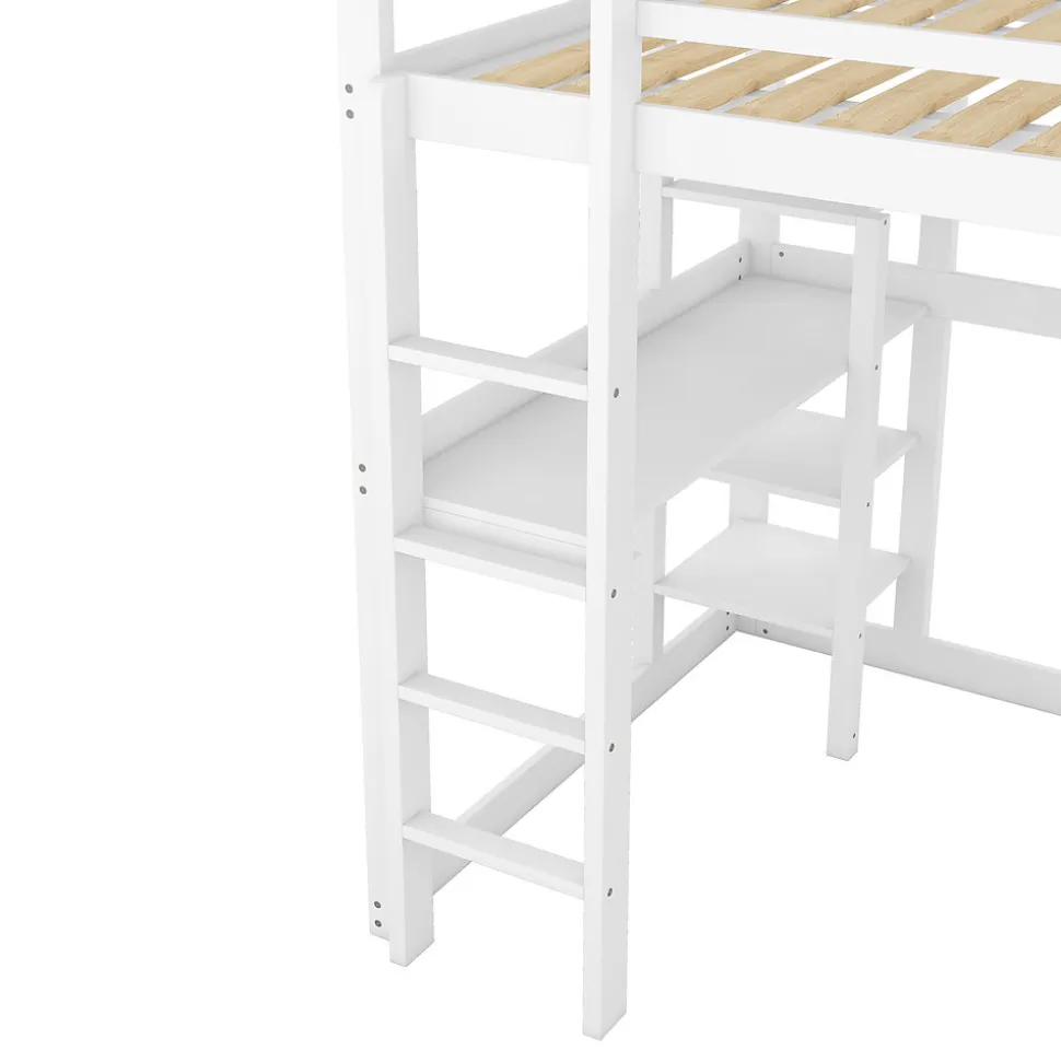 Lit mezzanine 140x200 cm enfant avec bureau et 4 compartiments de rangement, lit combiné bois naturel blanc sans matelas