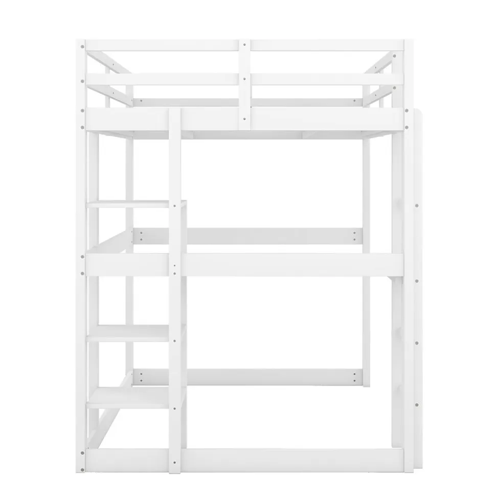 Lit mezzanine 140x200 cm enfant avec bureau et 4 compartiments de rangement, lit combiné bois naturel blanc sans matelas