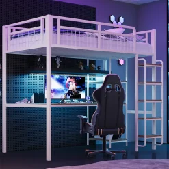 Lit mezzanine 90x200 cm enfant métal, bureau et étagères intégrés, échelle de sécurité, garde-corps métal, blanc - Sans matelas