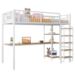 Lit mezzanine 90x200 cm enfant métal, bureau et étagères intégrés, échelle de sécurité, garde-corps métal, blanc - Sans matelas