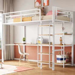 Lit mezzanine 90x200 cm enfant métal, bureau et étagères intégrés, échelle de sécurité, garde-corps métal, blanc - Sans matelas