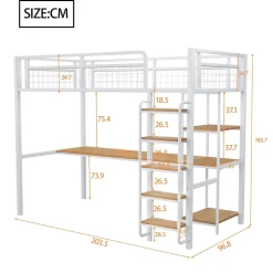 Lit mezzanine 90x200 cm enfant métal, bureau et étagères intégrés, échelle de sécurité, garde-corps métal, blanc - Sans matelas