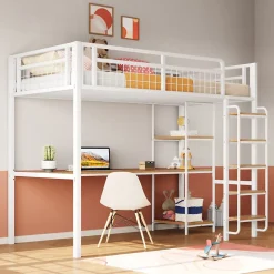 Lit mezzanine 90x200 cm enfant métal, bureau et étagères intégrés, échelle de sécurité, garde-corps métal, blanc - Sans matelas