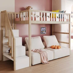 Lit mezzanine 90x200 cm enfant avec escalier intégré et sécurité, décor lune et étoiles, bois massif blanc et bois sans matelas