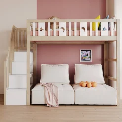 Lit mezzanine 90x200 cm enfant avec escalier intégré et sécurité, décor lune et étoiles, bois massif blanc et bois sans matelas