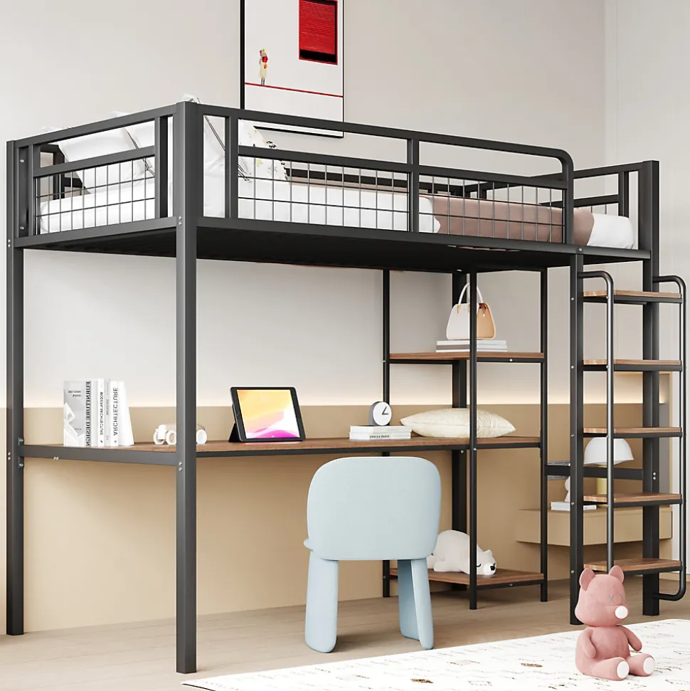 Lit mezzanine 90x200 cm enfant métal, bureau et étagères intégrés, échelle de sécurité, garde-corps métal, noir - Sans matelas