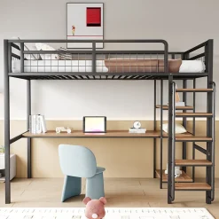 Lit mezzanine 90x200 cm enfant métal, bureau et étagères intégrés, échelle de sécurité, garde-corps métal, noir - Sans matelas