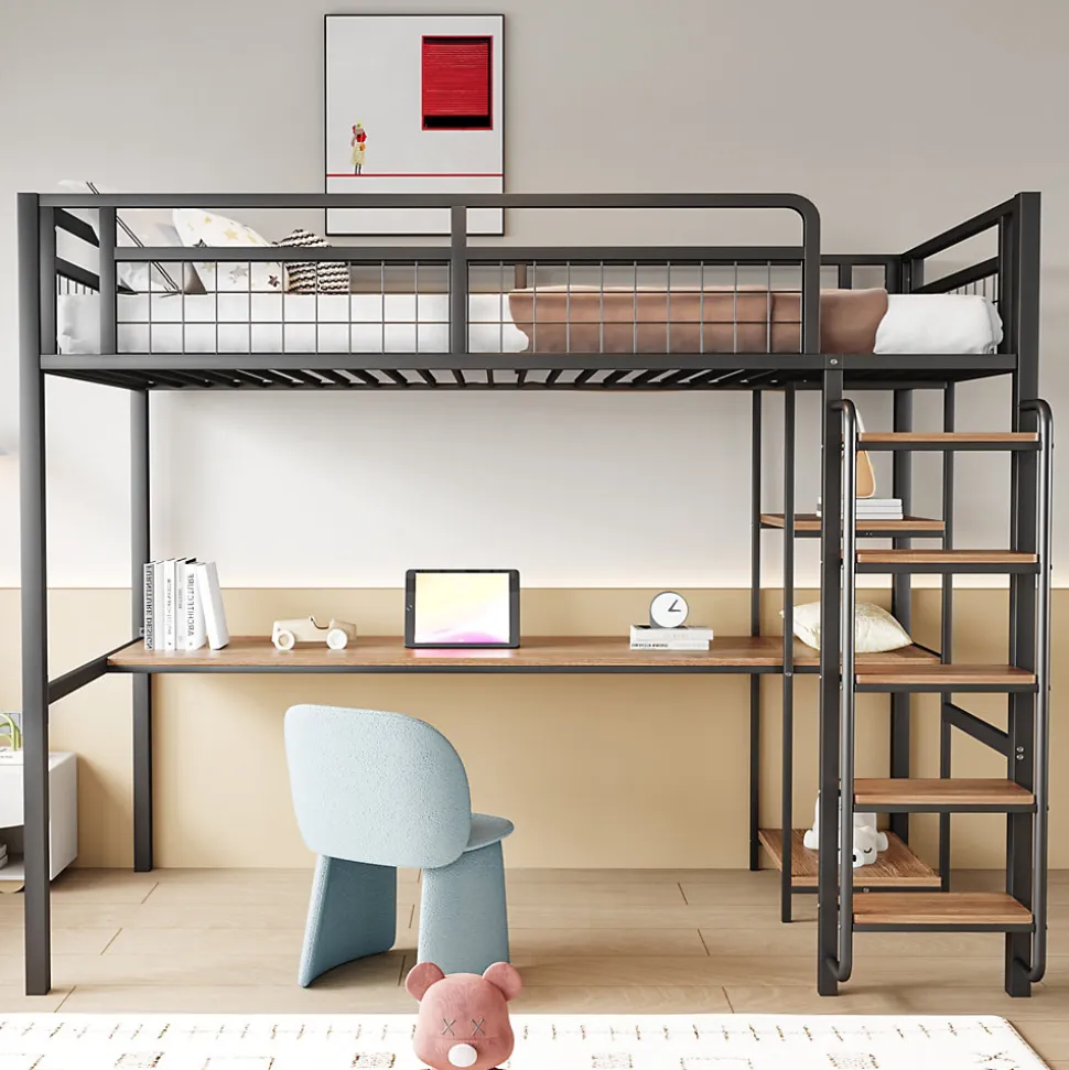 Lit mezzanine 90x200 cm enfant métal, bureau et étagères intégrés, échelle de sécurité, garde-corps métal, noir - Sans matelas