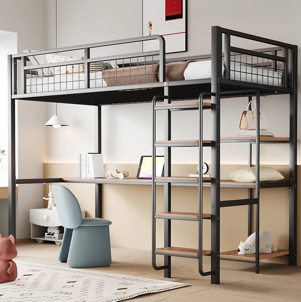 Lit mezzanine 90x200 cm enfant métal, bureau et étagères intégrés, échelle de sécurité, garde-corps métal, noir - Sans matelas