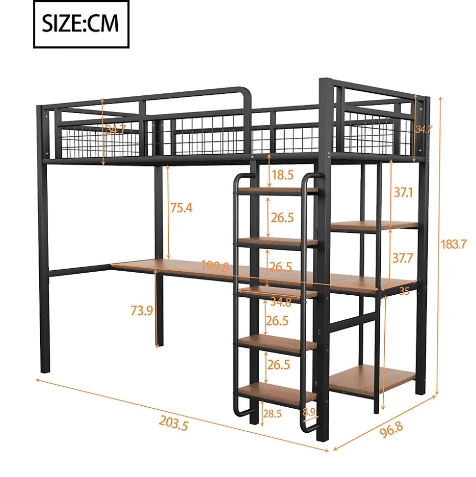 Lit mezzanine 90x200 cm enfant métal, bureau et étagères intégrés, échelle de sécurité, garde-corps métal, noir - Sans matelas