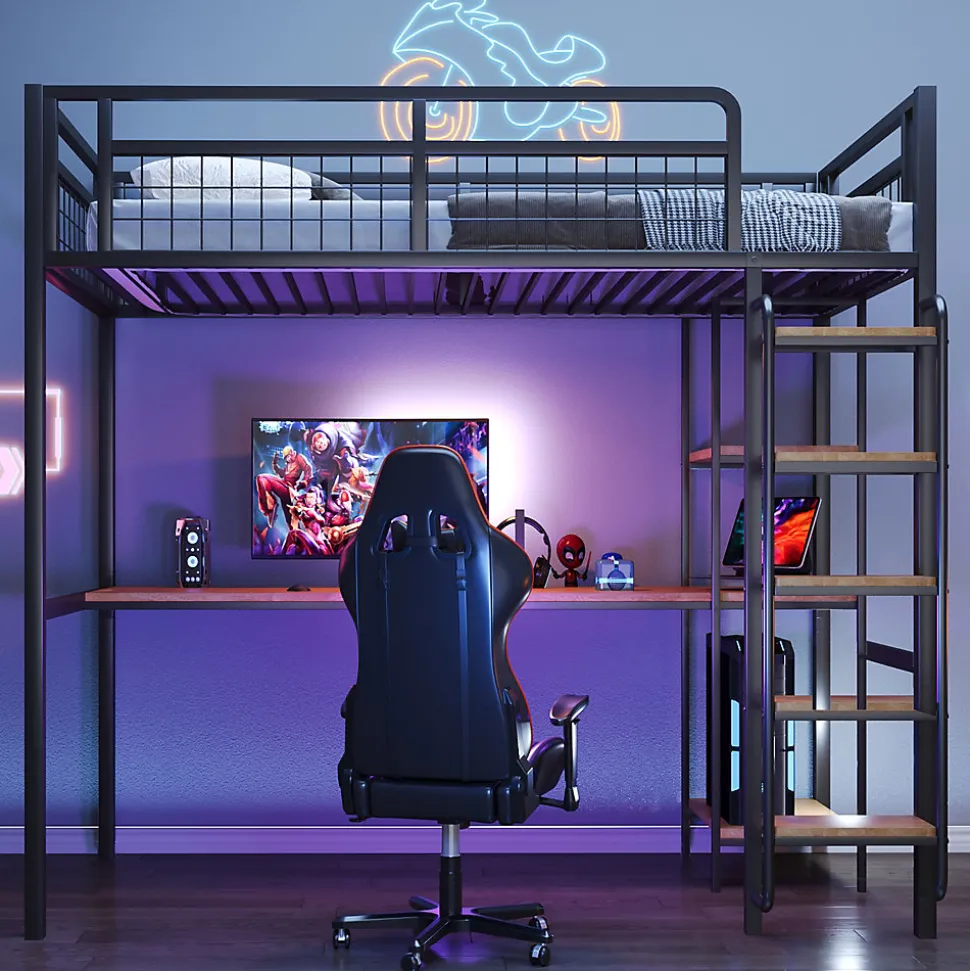 Lit mezzanine 90x200 cm enfant métal, bureau et étagères intégrés, échelle de sécurité, garde-corps métal, noir - Sans matelas