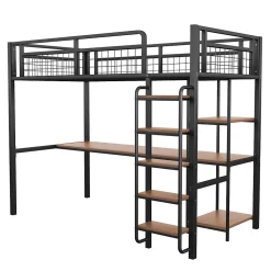 Lit mezzanine 90x200 cm enfant métal, bureau et étagères intégrés, échelle de sécurité, garde-corps métal, noir - Sans matelas