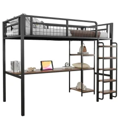 Lit mezzanine 90x200 cm enfant métal, bureau et étagères intégrés, échelle de sécurité, garde-corps métal, noir - Sans matelas