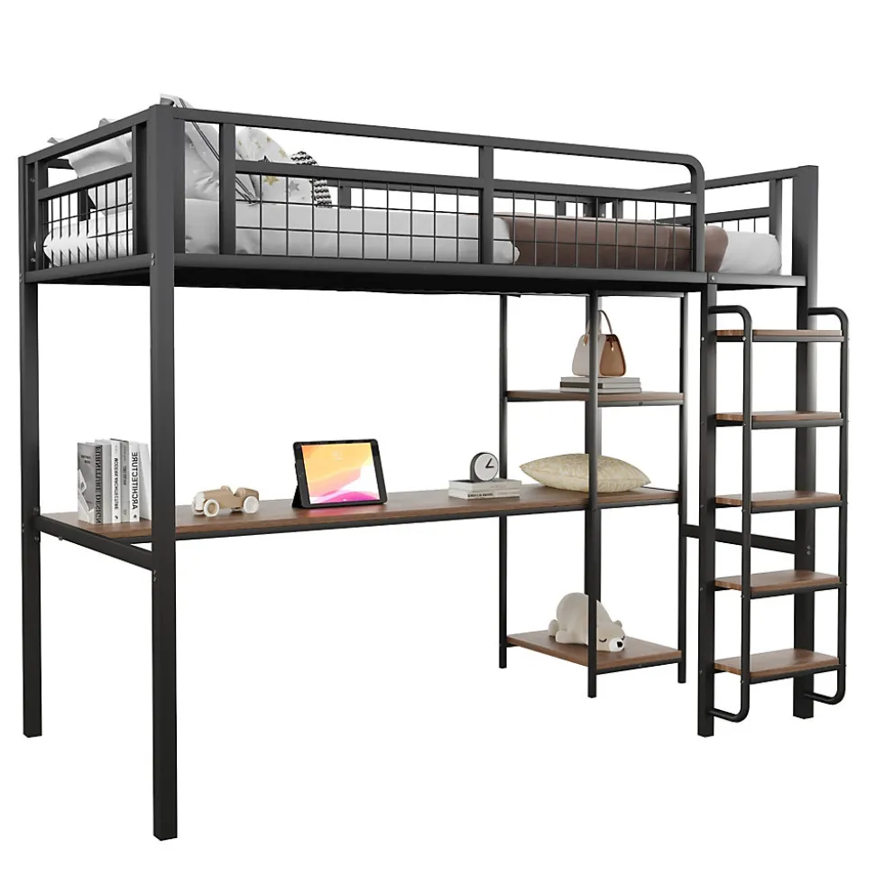 Lit mezzanine 90x200 cm enfant métal, bureau et étagères intégrés, échelle de sécurité, garde-corps métal, noir - Sans matelas