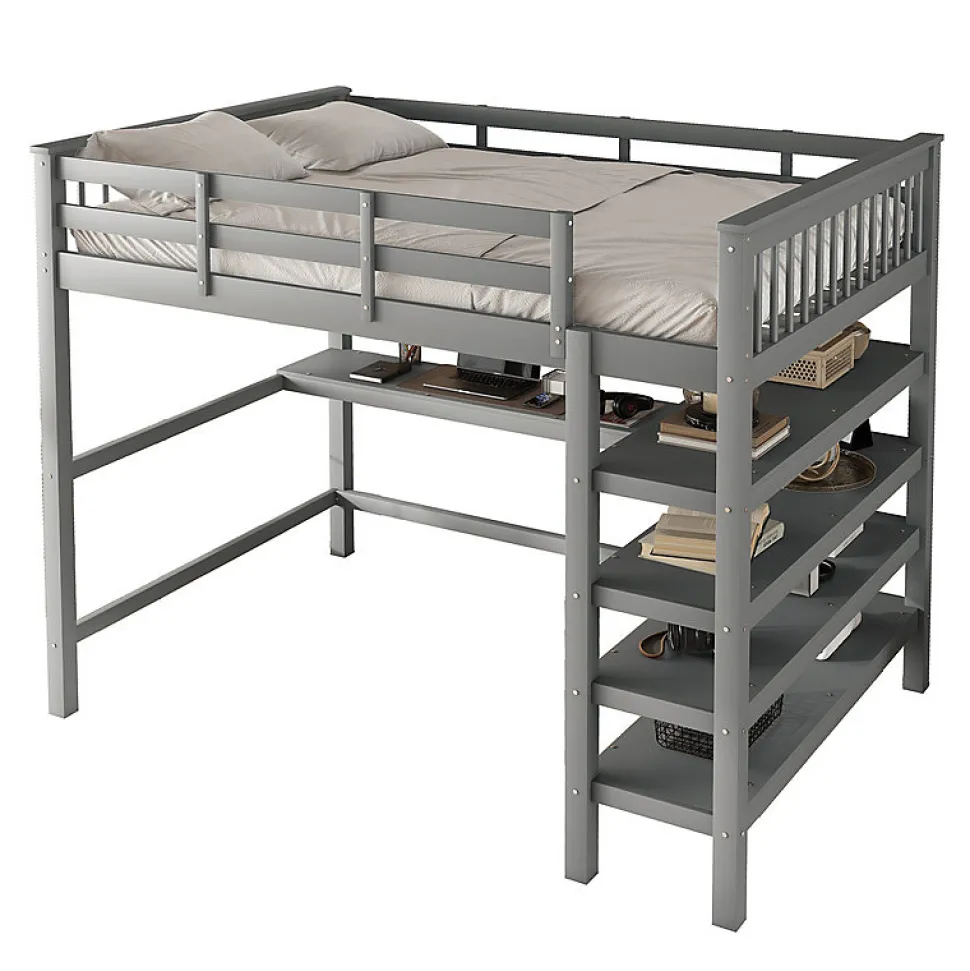 Lit mezzanine 140x200 cm gris sans matelas avec bureau integre et etageres pour chambre enfant