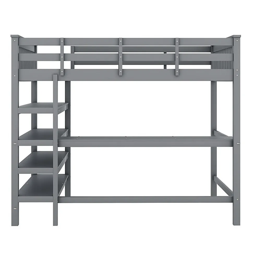 Lit mezzanine 140x200 cm gris sans matelas avec bureau integre et etageres pour chambre enfant