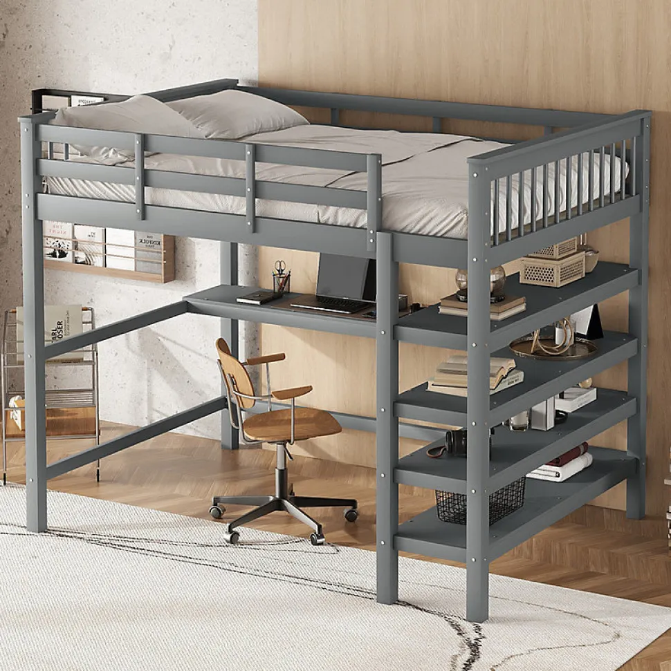 Lit mezzanine 140x200 cm gris sans matelas avec bureau integre et etageres pour chambre enfant