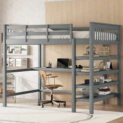 Lit mezzanine 140x200 cm gris sans matelas avec bureau integre et etageres pour chambre enfant