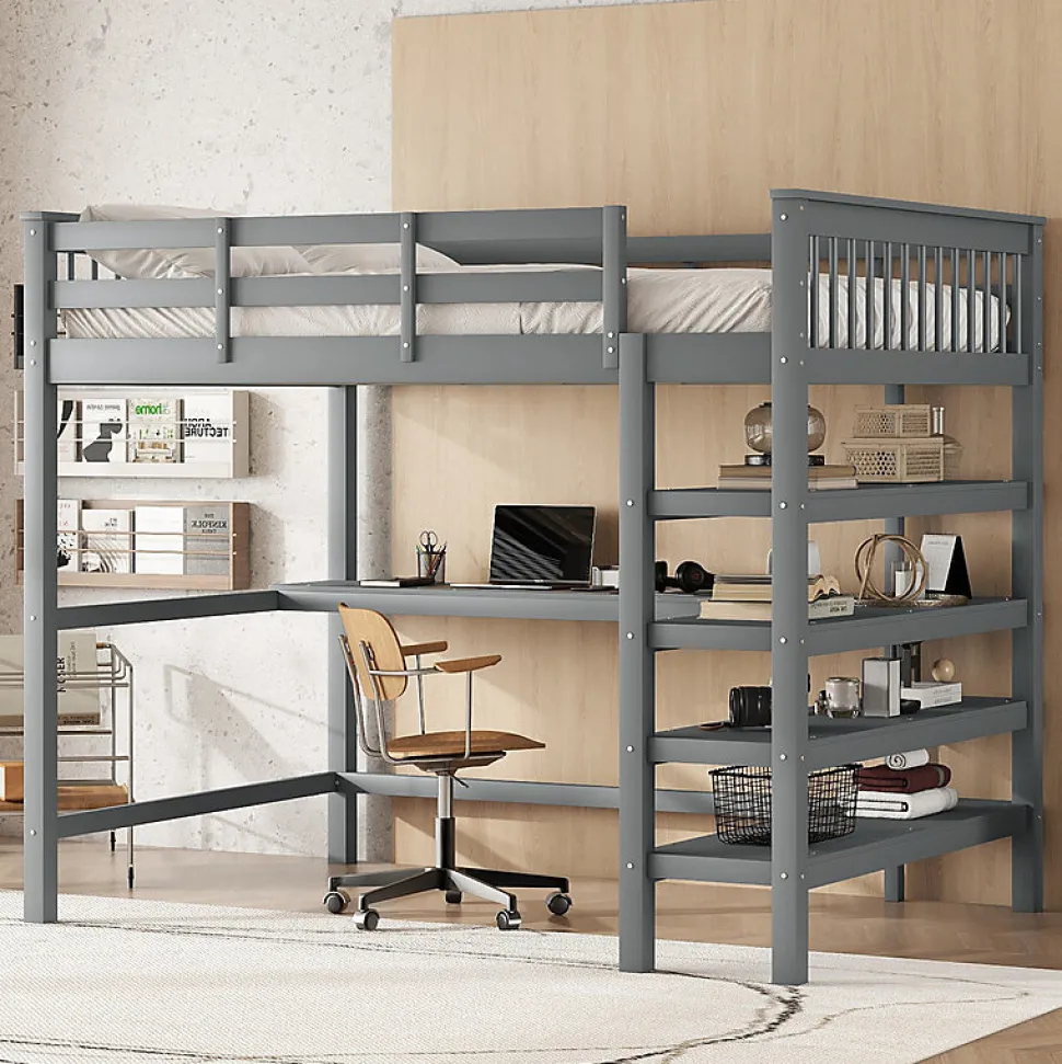 Lit mezzanine 140x200 cm gris sans matelas avec bureau integre et etageres pour chambre enfant