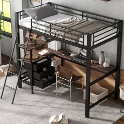 Lit Mezzanine 90x200 cm, Lit Ado en Métal avec Grand Bureau 2 m et 3 Tiroirs de Rangement, Style Industriel - Noir + Noyer Foncé