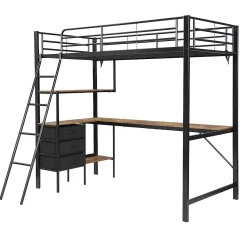 Lit Mezzanine 90x200 cm, Lit Ado en Métal avec Grand Bureau 2 m et 3 Tiroirs de Rangement, Style Industriel - Noir + Noyer Foncé