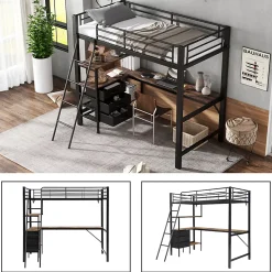 Lit Mezzanine 90x200 cm, Lit Ado en Métal avec Grand Bureau 2 m et 3 Tiroirs de Rangement, Style Industriel - Noir + Noyer Foncé