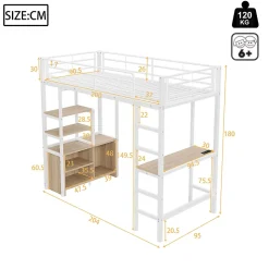 Lit Mezzanine 90x200 cm, Lit Ado en Métal avec Bureau et Prises USB, Rangements Ouverts Intégrés - Blanc