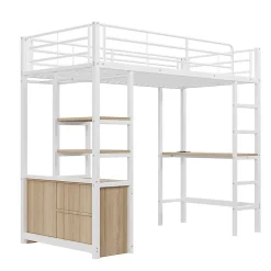 Lit Mezzanine 90x200 cm, Lit Ado en Métal avec Bureau et Prises USB, Rangements Ouverts Intégrés - Blanc