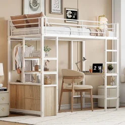 Lit Mezzanine 90x200 cm, Lit Ado en Métal avec Bureau et Prises USB, Rangements Ouverts Intégrés - Blanc