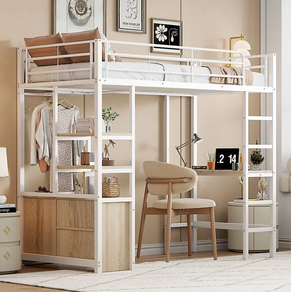 Lit Mezzanine 90x200 cm, Lit Ado en Métal avec Bureau et Prises USB, Rangements Ouverts Intégrés - Blanc